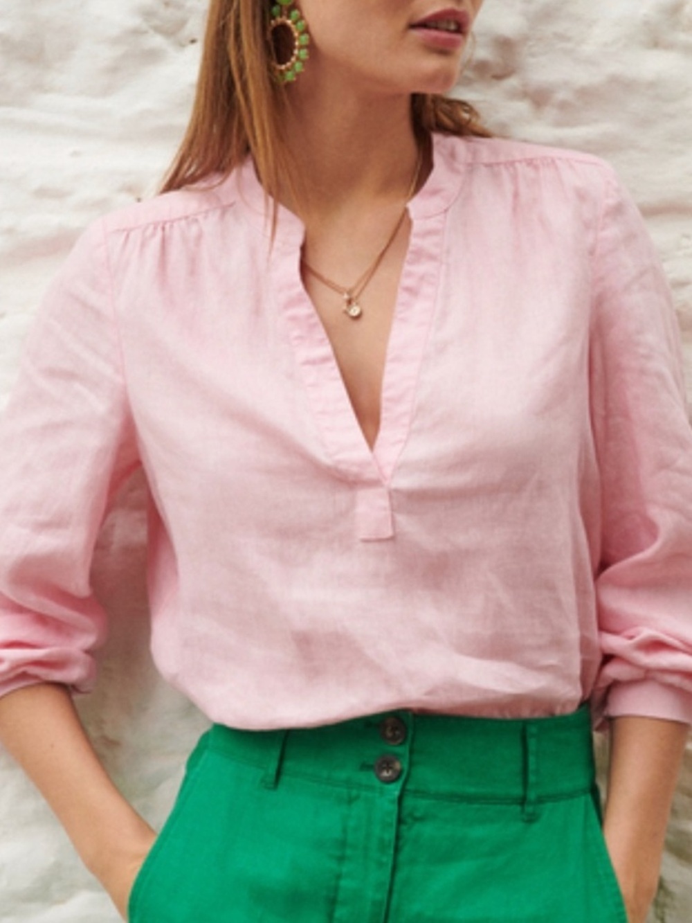 Boden Alice Linen Balloon Wrist Length Sleeve Split Hem Top in Orchid Pink